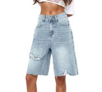 Bermuda Shorts Damen Jeans Vintage Blau Denim Shorts Baggy Y2K Streetwear Boyfriend Gewaschene Weite Bein Kurze Hose Sommer Knielang Jeanshose Casual Harajuku Hotpants Mädchen Hohe Taille Jeansshorts