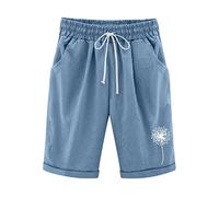 Bermuda Shorts Damen Sommer Kurze Hosen Damen Sport Sommerhose Damen Leicht High Waist Grosse Grössen Löwenzahn Knielange Hose mit Gummizug Kordelzug Tasche Gym Laufshorts Strandshorts