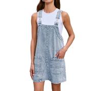 BerryGo Damen Denim Overall Kleid Jeans Ärmellos Mini Latzhose Verstellbare Träger Overall Kleid mit Tasche, Demin Weiß / Blau, Medium