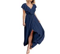 BerryGo Damen Umstandskleid mit Rüschen und Wickeln, kurzärmelig, V-Ausschnitt, Brautjungfer, langes fließendes Partykleid, Marineblau, Mittel