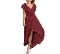 BerryGo Damen Umstandskleid mit Rüschen und Wickeln, kurzärmelig, V-Ausschnitt, Brautjungfer, langes fließendes Partykleid, burgunderfarben, Groß