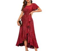 Berylove Damen Glitzer Cocktailkleid Lang Vokuhila Ballkleid Elegantes Hochzeitsgast Festkleid Für Party 007 Red XL