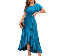 Berylove llkleid Lang Glitzer Kleid Damen Kleid Hochzeitsgast Damen Abendkleider Kleid Damen Elegant Frauen Kleider Luxus Vokuhila Kleid 007 Lake Blue XL
