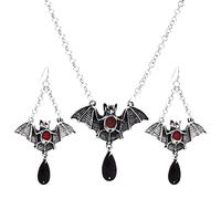 Besondere Ketten Damen Halloween Fledermaus Halskette Ohrringe für Frauen Halloween Horror Schwarz Rot Anhänger Halskette Ohrringe Lustige Halskette Ohrringe Set Reise Schmucketui (Black-3, One Size)