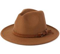 Besoogii Classic Breitkrempiger Damen Herren Fedora Hut mit Gürtelschnalle Panamahut aus Filz, Kaffee, Einheitsgre