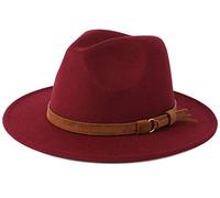 Besoogii Klassischer Breitkrempiger Fedora Hut für Damen und Herren mit Gürtelschnalle Filz Panama Hut, Weinrot, Einheitsgröße