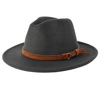 Besoogii Klassischer Breitkrempiger Fedora Hut für Damen und Herren mit Gürtelschnalle Filz Panama Hut, Grau, Einheitsgröße
