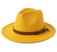 Besoogii Klassischer Breitkrempiger Fedora-Hut für Damen und Herren mit Gürtelschnalle Filz Panama Hut, gelb, Einheitsgröße