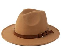 Besoogii Klassischer Breitkrempiger Fedora-Hut für Damen und Herren mit Gürtelschnalle Filz Panama Hut, CAMEL, Einheitsgröße