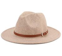 Besoogii Klassischer Fedora-Hut mit breiter Krempe und Gürtelschnalle aus Filz, Panamahut - Beige - Einheitsgröße