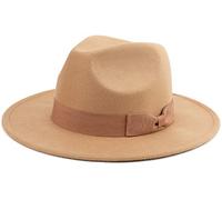 Besoogii Klassischer Fedora-Hut mit breiter Krempe und Gürtelschnalle aus Filz, Panamahut - Braun - Einheitsgröße