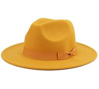 Besoogii Klassischer Fedora-Hut mit breiter Krempe und Gürtelschnalle aus Filz, Panamahut, Schleife-Gelb, Einheitsgröße