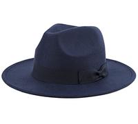 Besoogii Klassischer Fedora-Hut mit breiter Krempe und Gürtelschnalle aus Filz, Panamahut, Schleife, marineblau, Einheitsgröße