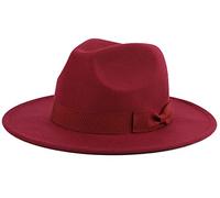 Besoogii Klassischer Fedora-Hut mit breiter Krempe und Gürtelschnalle aus Filz, Panamahut, Schleife, weinrot, Einheitsgröße