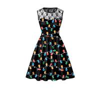 BesserBay Damen Weihnachten Spitze Druck Rundhals Kleid Ärmellos Swing Party Weihnachtskleid Schwarz Lichter L