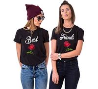 Best Friends T-Shirt für Mädchen Sister Shirt mit Rose BFF Shirt Schwarz Damen Tops Baumwolle Sommer Oberteil 1 Stück(Schwarz-Best, S)