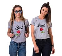 Best Friends T-Shirt für Mädchen Sister Shirt mit Rose BFF Shirt Schwarz Damen Tops Baumwolle Sommer Oberteil 1 Stück, Grau-Friend, Gr.L