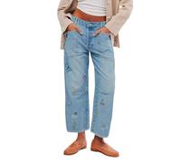 Bestickte Damenjeans, lässig, Boyfriend-Stil, niedrige Taille, Barrel Bein, Denim, Knöchel-Hose, Blau, XX-Large