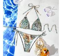 Bestseller sexy Leopardenmuster Neckholder-Bikini-Set, offener Rücken, elastischer String-Badeanzug, Euro-Amerikanischer Stil, Damen Urlaubs-Strandmod
