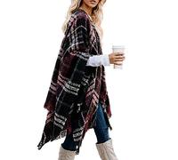 Bestshe Damen-Poncho im Boho-Stil, vorne offen, gestrickt, kariert, Schal, Umhang, Quaste, Cardigan, Pullover, #01 Weinrot, Einheitsgröße
