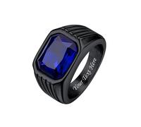Bestyle Ring Herren mit Stein Quadrat Schliff Edelstein Blauer Saphir Band Ring mit Gravur Edelstahl Männer Gothic-Ring Siegelring Personalisierbarer Fingerring, Schwarz, Größe 70