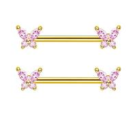 Besyvvin 2er Brustwarzenpiercing 14mm Rosa Schmetterling Nippelring Gold Brustpiercing Chirurgenstahl Piercing Brustwarze