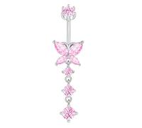 Besyvvin 925 Sterling Bauchnabelpiercing 10mm mit Schmetterling Anhänger 14G Rosa Bauchpiercing Piercing Bauchnabel Ring Damen