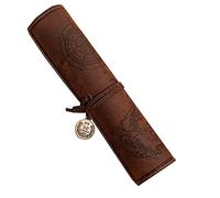 BetterJonny Leder Schlamperrolle, Vintage Schlampermäppchen Retro Stifterolle Rollmäppchen Piraten-Look Federmäppchen mit aufgedruckter Schatzkarte für Herren Damen, Braun A