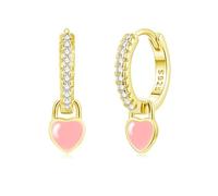 Bewenda Creolen Silber 925 für Damen, 925 Sterling Silber Ohrringe Kinder Mädchen mit Rosa Herz Hängend, Hypoallergen Klein Creolen mit Herz Anhänger, Cubic Zirkonia Hängeohrringe für Tochter Freundin