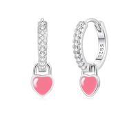 Bewenda Ohrringe Kinder Mädchen Silber 925 - Creolen mit Pfirsichrosa Herz Anhänger, 925 Sterling Silber Ohrringe Hängend für Damen, Hypoallergen Huggie Creolen Hängeohrringe mit AAAAA Cubic Zirkonia