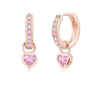 Bewenda Ohrringe Silber 925 für Damen, Cubic Zirkonia Ohrringe Kinder Mädchen Hängend, Hypoallergen Creolen Silber 925 mit Rosa Herz Anhänger, Klein Creolen Zarte Hängeohrringe für Tochter Freundin