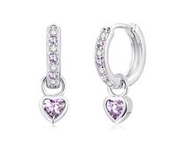 Bewenda Ohrringe Silber 925, Ohrringe Silber 925 Hängend Creolen mit Lila Herz Anhänger, Funkelnde Cubic Zirkonia Hängeohrringe Klein Huggie Ohrhänger, Hypoallergen Creolen für Damen Kinder Mädchen