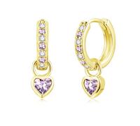 Bewenda Ohrringe Silber 925, Ohrringe Silber 925 Hängend Creolen mit Lila Herz Anhänger, Funkelnde Cubic Zirkonia Hängeohrringe Klein Huggie Ohrhänger, Hypoallergen Creolen für Damen Kinder Mädchen
