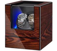 BEWISHOME Automatik Uhrenbeweger, Uhrenbeweger 2 Uhren mit LED-Beleuchtung, Uhrendreher Automatikuhren mit Leisem Motor aus Holz, 4 Modi, Batterie oder USB, braun ESYQ02Y