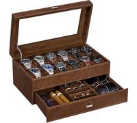 BEWISHOME Herren-Uhrenbox mit 12 Fächern, luxuriöser Uhren-Organizer aus Kunstleder, mit Schmuckschublade, Echtglas-Oberfläche, Metallscharnier, Braun SSH12Z