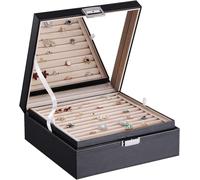 BEWISHOME Ohrringe Aufbewahrung Ring Organizer-11 Ringfächer, 25 Ohrringe-Compartments,Großer Spiegel,2 Ebenen Schmuckkästchen Manschettenknopf-Aufbewahrung für Mädchen Damen Herren,Schwarzes ESSH21B