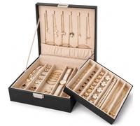 BEWISHOME Schmuckkästchen Halsketten-Organizer Box Aufbewahrung Organizer für Ketten, Armbänder-12 Fächer(7 Reguläre + 5 Große),6 Haken,2 Ebenen-Schmuckkasten für Mädchen und Frauen,Schwarz ESSH31B