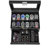 BEWISHOME Uhrenbox Herren mit Schublade, Uhrenaufbewahrungbox mit Echtglasplatte, Metallscharnier, Kohlefaser-Design - 12 Fächer, Uhrenaufbewahrungskasten für Herren, schwarz ESSH02C