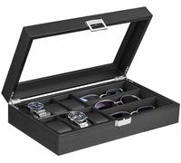 BEWISHOME Uhrenbox mit 6 Schlitzen und 3 Schlitzen, Sonnenbrillen-Box für Herren, Sonnenbrillen-Aufbewahrung mit großem Glasdeckel, Schmuckschatulle für Männer und Frauen, Schwarz SSH18C