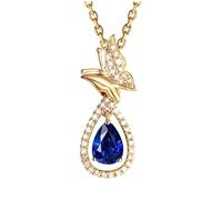Beydodo Anhänger Kette 585 Gold, Damen Halskette Schmetterling mit Tropfen Saphir 1ct und Diamant 0.19ct Anhänger Charms Kette Gold 45CM für Frauen