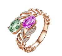 Beydodo Verlobungsring 585 Rotgold, Eheringe Damen Einzeln Blätter mit 1ct Rosa Saphir und 1ct Grün Turmalin Jahrestag Hochzeit Ringe Frauen Größe56 (17.8)
