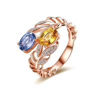 Beydodo Verlobungsring 585 Rotgold, Eheringe Damen Einzeln Blätter mit 1ct Saphir und 1ct Citrin Jahrestag Hochzeit Ringe Frauen Gr.60 (19.1)