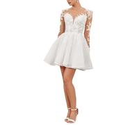 Beyonddress 3D Blumen Brautkleid für Braut Kurz Brautkleider für Frauen Spitze Appliques Langarm Hochzeitsfeier Ballkleider(Weiß 05,36)