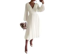 Beyonddress Chiffon Midi Brautkleider für Braut Einfache Langärmelige Hochzeitskleider für Frauen V-Ausschnitt Abendkleider F-Elfenbein,DE46