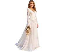 Beyonddress Chiffon Spitze Brautkleider mit Zug Boho Langarm Hochzeitskleid für Frauen V-Ausschnitt Abendkleider H-Weiß,DE34