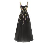 Beyonddress Damen 3D Blume Applique Abendkleider mit Stickerei Tüll Ballkleider Formelle Party Kleider(A-Schwarz,38)