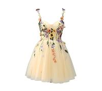 Beyonddress Damen 3D Blume Applique Abendkleider mit Stickerei Tüll Ballkleider Kurz Formelle Party Kleider(C-Champagne,52)