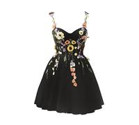 Beyonddress Damen 3D Blume Applique Abendkleider mit Stickerei Tüll Ballkleider Kurz Formelle Party Kleider(C-Schwarz,34)