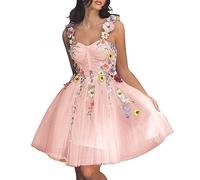 Beyonddress Damen 3D Blume Applique Abendkleider mit Stickerei Tüll Ballkleider Kurz Formelle Party Kleider(C-Erröten,40)