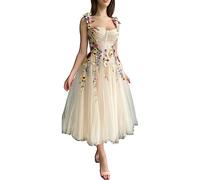 Beyonddress Damen 3D Blume Applique Abendkleider mit Stickerei Tüll Ballkleider Teelänge Formelle Party Kleider(B-Champagne,36)